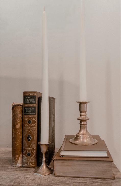 Vintage, brass candlesticks, antique books, dark academia, light academia Dark Academia Table Setting, Light Academia Birthday Party, Light Academia Bedroom Decor, Dark Academia Coffee Table, Dark Academia Kitchen Aesthetic, Dark Academia Party, Light Academia Interior Design, Light Academia Kitchen, Bedrom Ideas