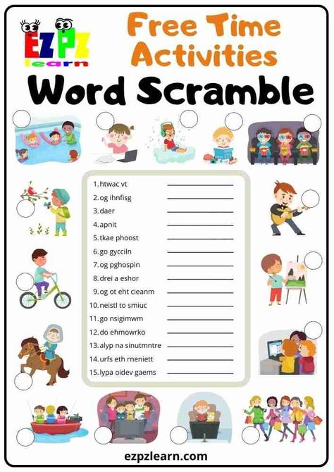 Free Printable English Game Word Scramble Topic Freetime Activities For Kids English Learners Jumbled Words, Freetime Activities, Scramble Words, Free Time Activities, English Games, English Worksheets For Kids, Kids English, English Fun, Word Scramble