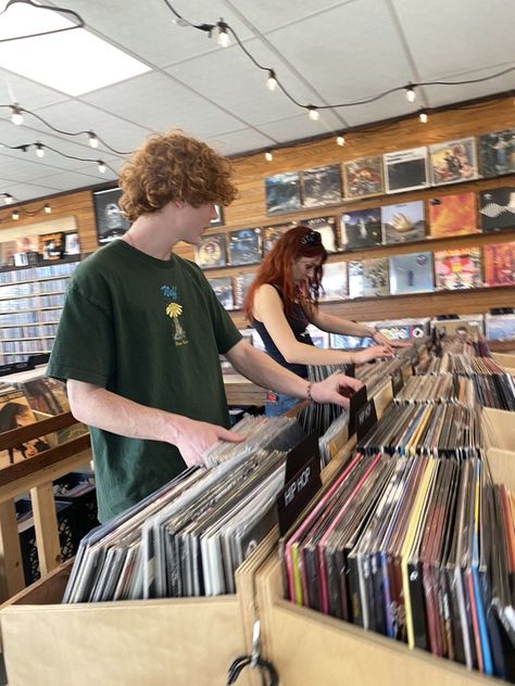 Dating Couple Aesthetic, Musician Bf Aesthetic, Couple In Record Store, Downtown With Friends Aesthetic, Sharing Music Aesthetic, Couple Music Aesthetic, Record Store Date, Musician Couple Aesthetic, Music Couple Aesthetic