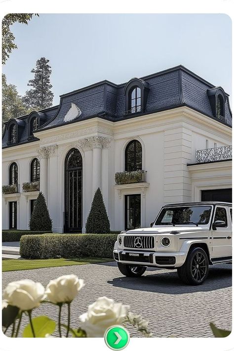 The French-inspired mansion combines classic architecture with modern luxury, surrounded by beautifully landscaped gardens, perfect for those looking for a timeless aesthetic dream house. Luxury House Layout, Aesthetic House Exterior, 21 Aesthetic, House Hallway, French Mansion, Old Money House, Aesthetic Dream, Apartment Exterior, Mansion Floor Plan