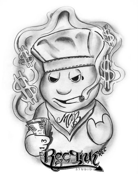 Doughboy Tattoo Design, Pillsbury Doughboy Tattoo Design, Pillsbury Doughboy Tattoo, Gangsta Tattoos Gangsters Drawings, Doughboy Tattoo, Money Tattoos, Town Tattoo, Gangster Drawings, Badass Drawings