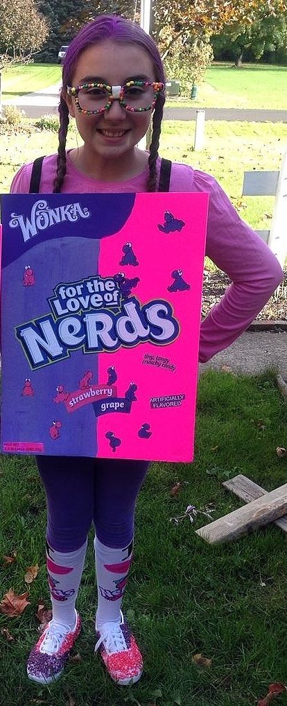 Homemade costume....candy nerds on shoes and glasses also Homemade Candy Costumes, Nerds Candy Costume Diy, Candy Halloween Costume Group, Nerds Candy Costume, Candy Costume Women, Cute Nerd Costumes, Candyland Float, Nerds Costume, Nerd Costume Diy