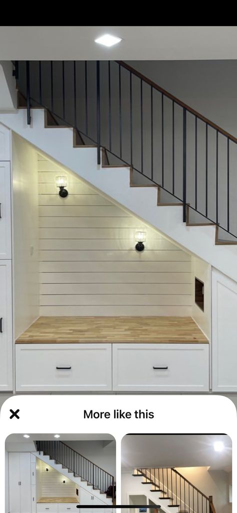 Mudroom Stairs To Basement, Under Stair Basement Storage, Under Stair Mudroom, Stair Nook, Indoor Playroom, Laundry Time, Basement Apartment, Basement Stairs, Basement Remodel