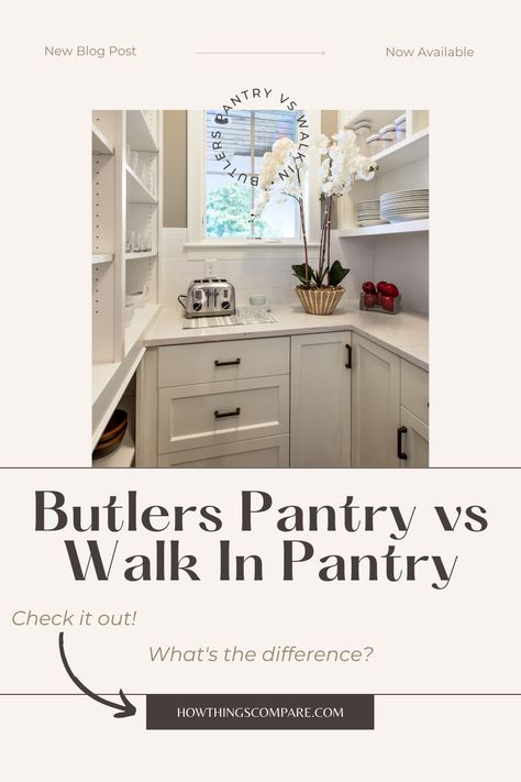 What is the difference between a butler's pantry and a walk-in pantry? Everything you need to know about both types of pantries is in this article. Adding Walk In Pantry To Kitchen, Large Butlers Pantry Walk In With Fridge, Creating A Butlers Pantry, Walk In Butlers Pantry With Fridge, Basement Butler Pantry, Small Butler Pantry Design Ideas, Butlers Pantry With Open Shelving, Small Butlers Pantry Ideas Walk In, U Shaped Butlers Pantry