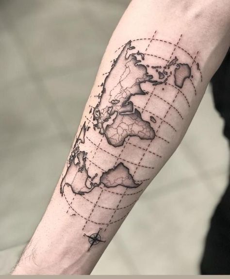 World Continent map tattoo Map Grid Tattoo, World Tattoo Men, World Map Tattoo Men, World Map Tattoo Design, Map Tattoo Design, World Map Tattoo, Bold Tattoo, World Map Tattoos, Map Tattoo