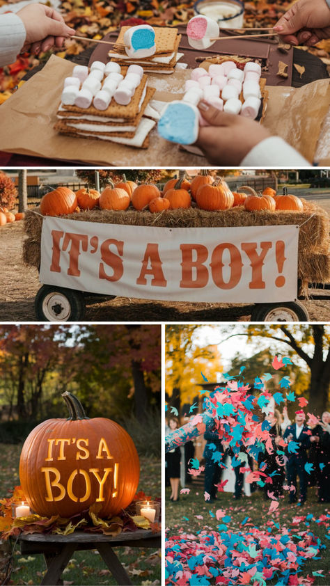 Get inspired with these 27 creative fall gender reveal ideas! Whether you're planning a cozy backyard gathering or an elegant autumn-themed celebration, these ideas will make your special moment unforgettable. Discover fun ways to reveal the big news with seasonal touches like pumpkins, leaves, and warm colors. Perfect for adding a touch of fall magic to your big reveal! S’mores Gender Reveal, Night Time Gender Reveal Ideas, Gender Reveal Ideas November, Fall Gender Reveal Food Ideas, Gender Reveal Ideas Thanksgiving, Bonfire Gender Reveal, Fall Themed Gender Reveal Party Ideas, Fall Theme Gender Reveal, Thanksgiving Gender Reveal Ideas