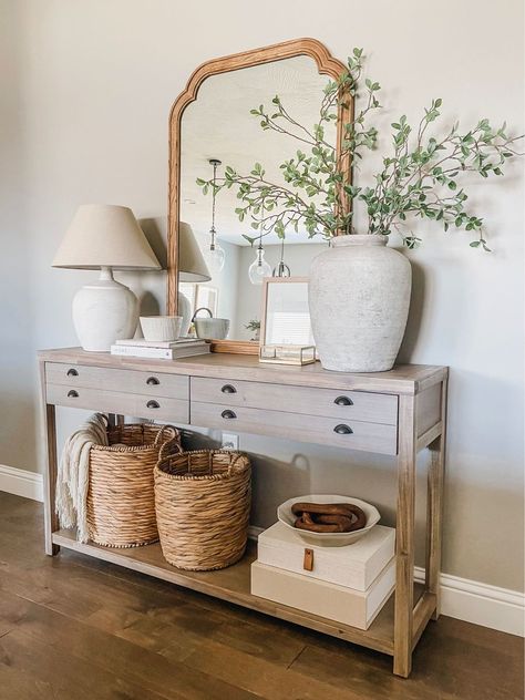 kristinmichellehome on LTK Fall Accent Table, Entryway With Table And Bench, Entryway Console Table With Storage, Entry Table With Baskets, Entry Table With Shoe Storage, Console Table With Baskets Underneath, Baskets Under Entry Table, Entry Table With Mirror, Entryway Aesthetic