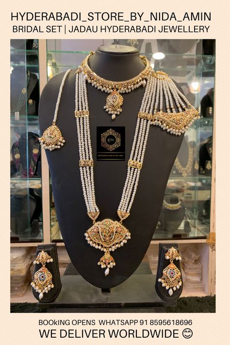 Jadau Hyderabadi bridal jewelry Hyderabadi Jewelry Jadau, Jadau Set, Hyderabadi Jewelry, 22 Carat Gold, Diamond Jewelry Necklace, Pearl Jewellery, Girly Jewelry, Bridal Set, Bridal Sets