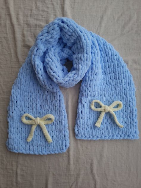 Coquette Blue, Neckwear Women, Crochet Clothing And Accessories, Blue Scarf, Crochet Shawl, Pastel Blue, Pink Ribbon, Knit Scarf, Ribbon Bows