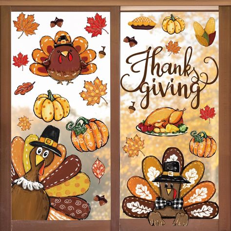 PRICES MAY VARY. THE PACKAGE INCLUDES: You will receive 6 sheets window clings, a total of 54pcs, each sheet measures about 20 x 30 cm/7.9 x 11.8 inch, sufficient quantity can meet your different needs for decoration. ABUNDANT DESIGN: Featuring fall Thanksgiving theme, patterned with turkey, leaves, pumpkin, etc, printed with the words of Thanksgiving, exquisite and attractive, adding a lot fun to the fall season. DOUBLE SIDED PRINTING: With a double-sided design, you can evidently see the patte Thanksgiving Hallway Decorations, Thanksgiving Office Decorations, Thanksgiving Window Decorations, Turkey Decor, Turkey Pumpkin, Autumn Display, Thanksgiving Theme, Glass Decals, Window Ideas