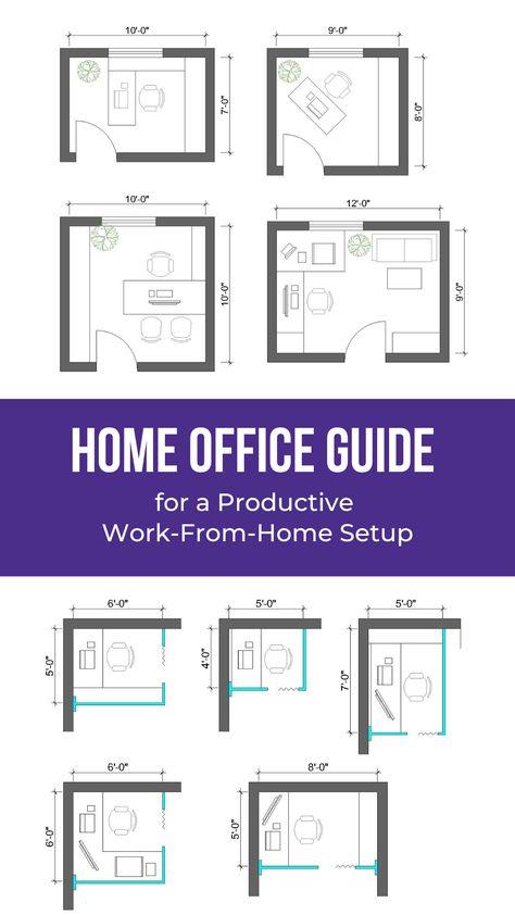 Here’s your home office guide to set up the most productive workspace and get the most out of your work from home. Ever since the pandemic, work-from-home has become the norm in most offices. It’s important to have a nicely set up home office to be as efficient as you want working out of home. This guide includes a number of different home office layouts with sizes, as well as innovative solutions to make the most of whatever space you have. 6x6 Office Layout, Small Office Dimensions, Small Home Office Dimensions, Tiny Office Layout, 8 X 10 Office Layout, Home Office For Creatives, 9x10 Office Layout, Home Office Architecture, Small Home Office Layout Floor Plans