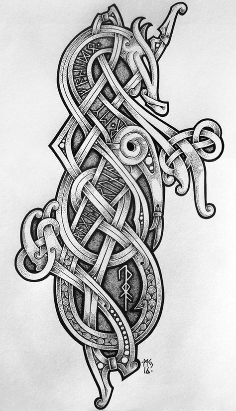 Norse Dragon Art, Nordic Viking Tattoo Design, Jormungandr Tattoo, Viking Dragon Tattoo, Norse Dragon, Viking Knotwork, Fenrir Tattoo, Norse Art, Scandinavian Tattoo