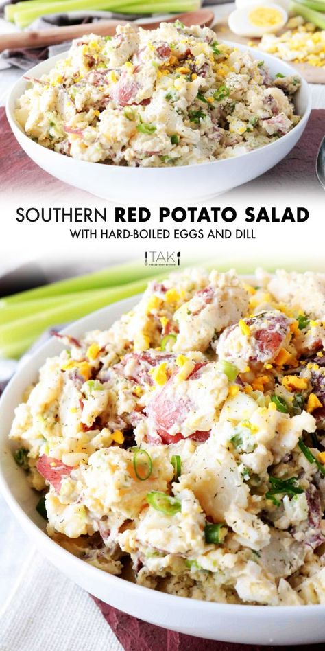 Red Potato Salad is side dish perfect for feeding a crowd! Red Potatoes are mixed with hard-boiled eggs, celery, and green onions, coated in a simple dressing of sour cream, mayonnaise, and dijon mustard, and finished off with a sprinkle of tangy dill. It's best served at BBQ's, potluck parties, and holiday gatherings! Red Potato Salad With Sour Cream, Red Skin Potato Salad With Dill, Dijon Mustard Potato Salad, Potato Salad With Dijon Mustard, Red Skinned Potato Salad, Potatoe Salad Red Potatoes, Baby Red Potato Salad, Red Potato Side Dishes, Red Potatoe Salad