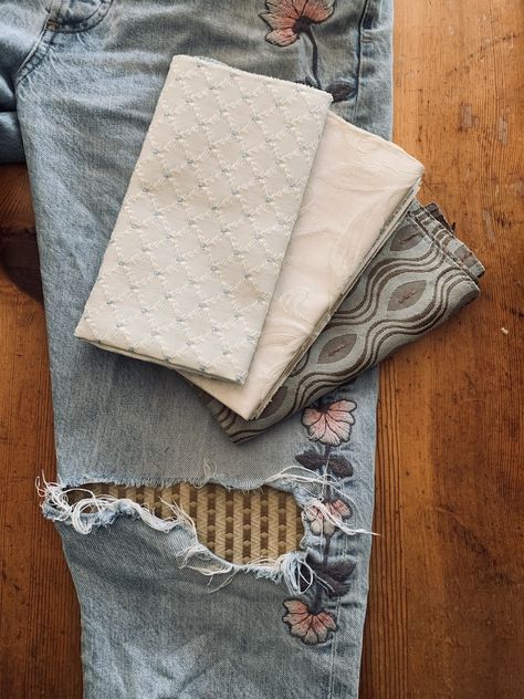 Two Ways To Add Multi Patches On Jeans | Modern Mending Patches On Jeans, How To Patch Jeans, Patches On Clothes, Patch Jeans, Types Of Textiles, Fabric Patchwork, Local Thrift Stores, Torn Jeans, Upcycled Clothes