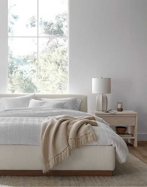 Shop for Gather Tailored Bedroom at Crate & Barrel. Browse a variety of furniture, housewares and decor. Order online. Queen Bed Frame Modern, Crate Barrel Bedroom, Linen Upholstered Headboard, Bedroom With Low Windows, Floor Lamp Nightstand, Mango Wood Bedroom Furniture, Bright White Bedroom Ideas, Maggie Macdonald Bedroom, All White Furniture Bedroom