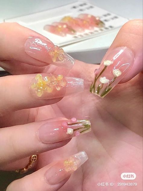 Flower Jelly Nails, Jelly Flower Nails, Transparent Nail Art, Flower Press On Nails, Long Fake Nails, Custom Nails, Flower Press, Transparent Nails, Blush Nails