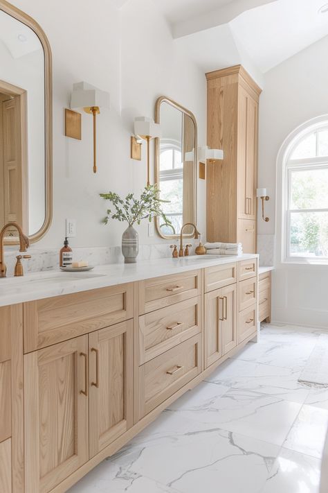 coastal master bathroom with white marble counter and gold hardware and lighting. Organic Modern Bathroom, New House Bathroom, Oak Bathroom, Large Bathroom, Coastal Bathrooms, Master Bath Remodel, Renovation Design, Beautiful Weather, Bathroom Inspiration Decor