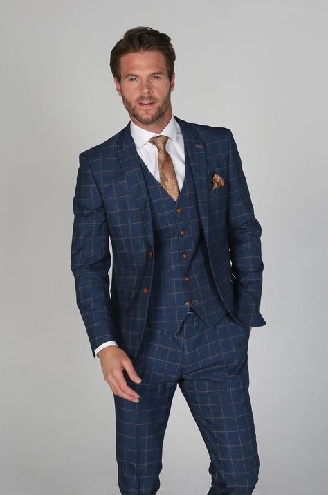 Blue Checked Suit Men, Navy Blue Window Pane Suit, Navy Checkered Suit, Blue Wedding Suits Groom, Strip Suit Men, Blue Plaid Suit For Men, Check Suit Men, Blue Wedding Suit, Navy Check Suit