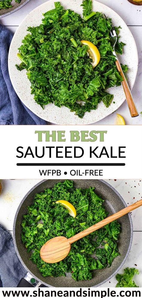 Oil-free Sauteed Kale recipe! Seasoned with nutritional yeast, garlic powder, and a little lemon juice. It’s oil-free and ready to eat in as little as 10 minutes. The perfect side dish! Kale Recipes Sauteed, Kale Recipe, How To Cook Kale, Oil Free Vegan Recipes, Sauteed Kale, Plant Based Whole Foods, Kale Recipes, Vegan Side Dishes, Vegan Sides