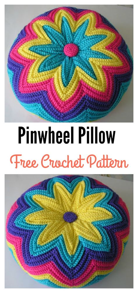 Crochet Pinwheel Pillow Free Pattern Crochet Round Pillow Pattern, Crochet Round Pillow, Crocheted Pillow, Crochet Pillow Patterns Free, Crochet Cushion Pattern, Pillow Patterns, Pillow Crochet, Crochet Pillow Cover, Crochet Cushion Cover