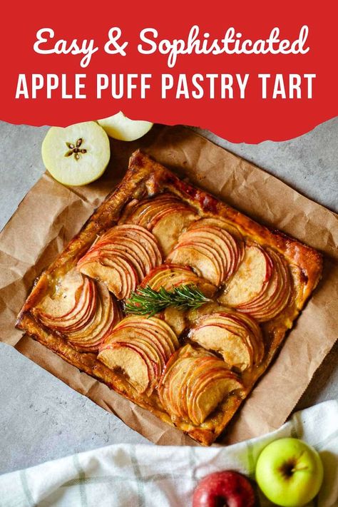 This apple and puff pastry tart is an easy and sophisticated sweet treat to enjoy this fall! Have it for dessert or with brunch! Puff Pastry Fruit Tart, Apple Tart Recipe Easy, Assyrian Recipes, Pumpkin Cream Cheese Dip, Apple Chips Recipe, Gourmet Caramel Apples, Apple Tart Recipe, Fruit Pastries, Apple Puff Pastry