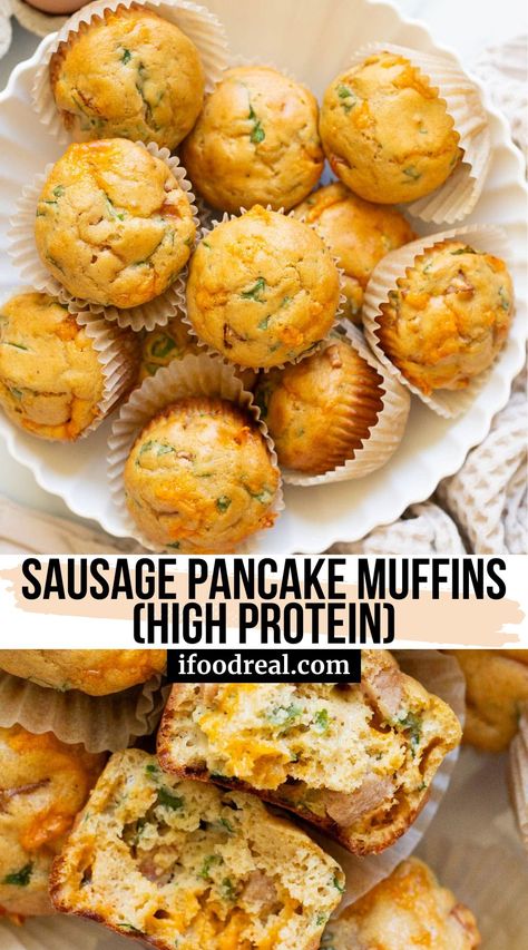 Sausage Pancake Muffins are sweet and savory with 11 grams of protein per muffin! Ready in 30 minutes for an easy grab-and-go breakfast or snack and perfect for meal prep. Busy Mom Breakfast, To Go Healthy Breakfast, Quick And Easy Grab And Go Breakfast, Meal Prep Breakfast On The Go, Grab And Go Breakfast For Diabetics, Kodiak Sausage Breakfast Muffins, Clean Eating Breakfast Meal Prep, Calorie Deficit Breakfast Meal Prep, High Protein Sausage Pancake Muffins