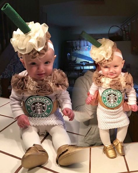 Starbucks caramel frappe child costume Starbucks Halloween Costume, Starbucks Costume, Bad Halloween Costumes, Twin Costumes, Twin Halloween, Twin Halloween Costumes