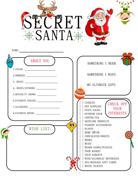 Looking for a stress-free way to organize your Secret Santa gift exchange? Look no further! Our Secret Santa Questionnaire Downloadable Template is the perfect solution. This template is thoughtfully designed to help you gather all the necessary information for a successful Secret Santa event. Simply download, print, and distribute the questionnaire to all participants. Christmas Gift Exchange Questionnaire, Secret Santa Wishlist Template, Secret Santa List Template Free, Secret Santa Questionnaire For Coworkers Free Printable Free, Secret Santa Questionnaire For Teens, Secret Santa Template Free Printable, Secret Santa Form Free Printable, Secret Santa List Template, Secret Santa Sheet