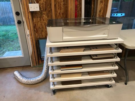 Ikea Glowforge Table, Glowforge Office Space, Glowforge Storage Table, Ikea Table Top Hacks, Table For Glowforge, Hack Table Ikea, Glowforge Craft Room, Ikea Printer Storage Hack, Glowforge Storage