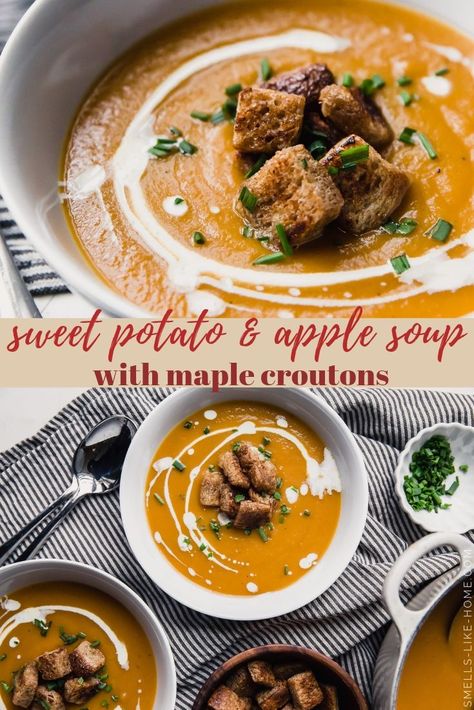 Apple Sweet Potato Soup, Sweet Potato And Apple Soup, Roasted Sweet Potato Soup, Blender Soups, Thanksgiving Lunch, Sweet Potato Soup Recipes, Apple Soup, Roasted Apples, Sweet Potato And Apple