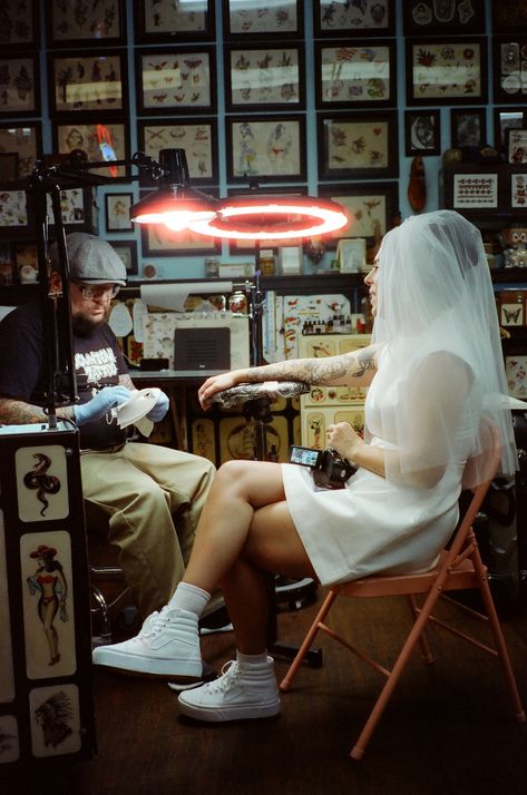 Intimate Film Photography, Tattoos On Wedding Day, Wedding Chapel Las Vegas, Eclectic Elopement, Kitschy Vegas Wedding, Tattoo Wedding Photoshoot, Vegas Wedding On Film, Alternative Elopement, Gothic Vegas Wedding