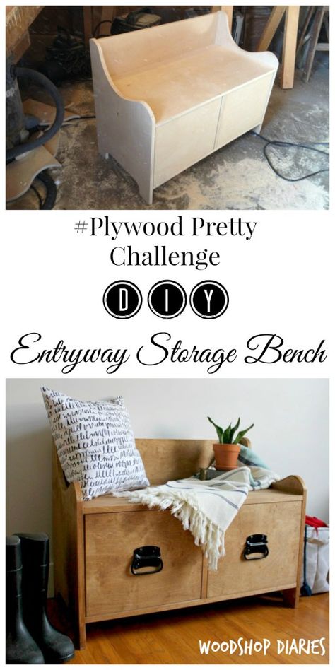 Pottery Barn Inspired DIY Entryway Storage Bench--#PlywoodPretty Challenge Diy Entryway Storage, Indoor Storage Bench, Woodwork Tips, Diy Bank, Woodworking Projects Table, Pottery Barn Furniture, Diy Entryway Bench, Porch Bench, Diy Storage Bench