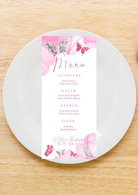 Birthday Dinner Menu Template, Birthday Menu Card Design, Butterfly Menu Design, Crab Cake Salad, Pink Menu Template Blank, Birthday Dinner Menu, Menu Card Template, Roasted Salmon, Crab Cakes