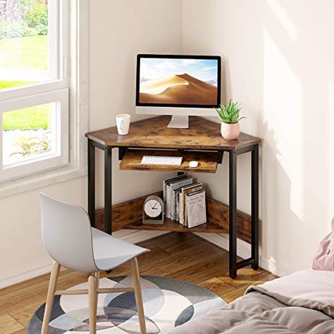 Space Saving Corner Desk Ideas Do you have a nook to fill or a need for a bit of work space at home? With a corner desk design, you'll be able to spru... Corner Writing Desk, Desk With Keyboard Tray, Corner Vanity, Small Computer Desk, Small Computer, Corner Computer Desk, Keyboard Tray, Room Corner, Large Drawers