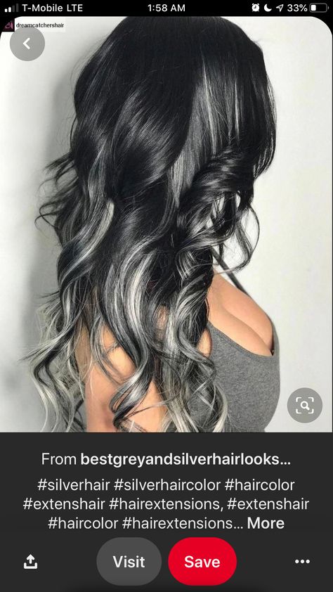 Black And Silver Hair, Best Hair Color Ideas, Black And Grey Hair, Inspiring Hairstyles, Best Hair Color, Black Hair Balayage, Vibrant Hair, Jet Black Hair, Silver Highlights