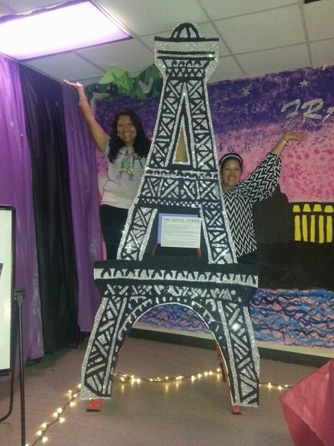 EIFFEL TOWER FOR CLASSROOM                                                                                                                                                     More France Project Ideas, France Classroom Decorations, Paris Unit Study For Kids, Eiffel Tower Prop, Diy Eiffel Tower Cardboard Paris Party, French Classroom Decor, French Display, French Landmarks, Travel Theme Classroom