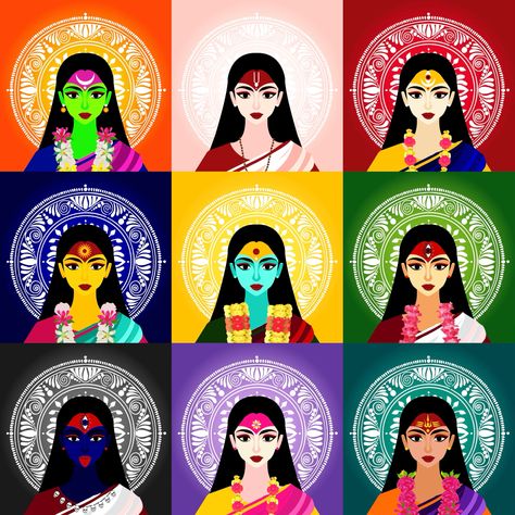 Nava Durga, Navratri Devi, Navratri Rangoli, Nav Durga, School Magazine, Cartoon Wedding Invitations, School Exhibition, Navratri Wishes, Diy Magnets