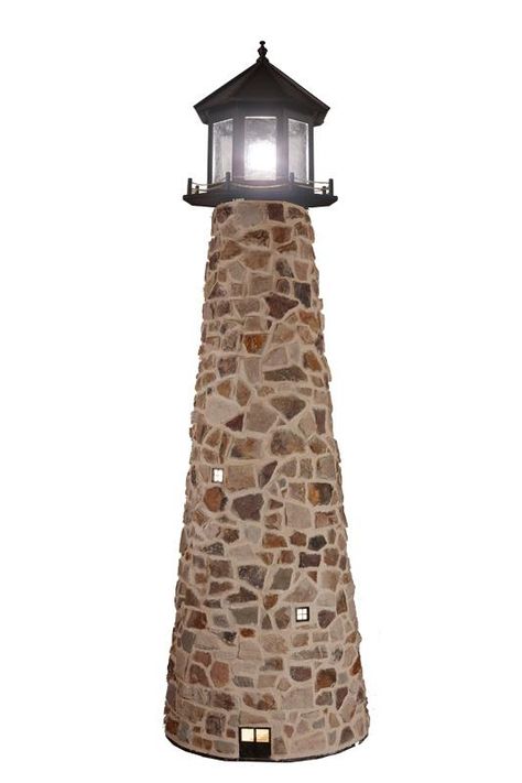 Stone Lighthouse, Yard Lighthouse, Garden Lighthouse, Diy Lighthouse, Lighthouse Crafts, Spring Outdoor Decor, Lighthouse Decor, Amish Crafts, Stone Candles