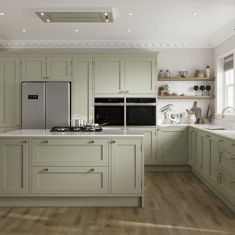 Shake up a traditional shaker kitchen design with the in-frame design of our Chilcomb Sage Green In-Frame Kitchen. For a bespoke shaker kitchen add chrome handles, wood kitchen flooring and white quartz worktop. With its solid timber doors and wood grain painted finish it is perfect for your green kitchen ideas and shaker kitchen ideas. Howdens Chilcomb, Green Shaker Kitchen, Kitchen Door Styles, Kitchen Shaker, Sage Kitchen, Shaker Kitchens, White Worktop, Fitted Kitchens, Sage Green Kitchen