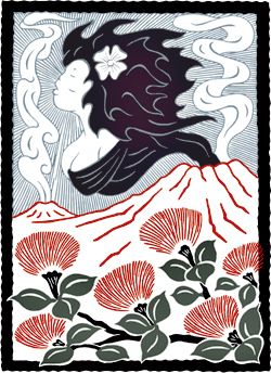 Artist rendering of Pele, volcanoes, and lehua blossoms Lehua Flower Drawing, Ohia Lehua Drawing, Ohia Lehua Tattoo, Lehua Flower, Ohia Lehua, Visiting Hawaii, Hula Dance, Block Printed Textiles, Hawaii Volcanoes National Park