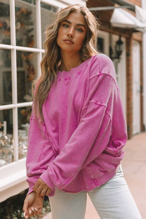 $11.8 Rose Exposed Seam Twist Open Back Oversized Sweatshirt Wholesale Boutique Trends, Edgy Look, Oversized Silhouette, Maxi Dresses Casual, Half Zip Pullover, Back Design, Oversized Sweatshirt, Dresses With Leggings, Pink Fashion