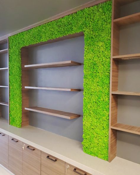 This preserved reindeer moss wall was designed and installed by Kelsie Anderson with Greenery Office Interiors in Calgary, Alberta Greenery Office, Artificial Grass Design, Living Green Walls, Pretty Living Room, Log Planter, Shoe Store Design, Fish Shop, Medical Office Design, Barber Shop Decor