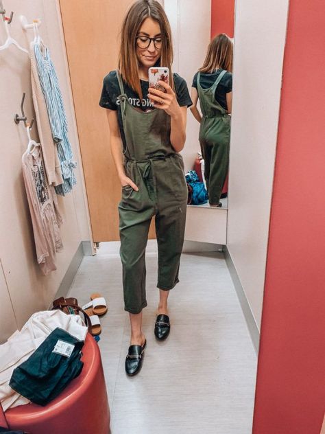 Overalls | Olive green overalls and black loafers | Casual spring and summer style, spring and summer outfits | Kansas City life, home, and style blogger Megan Wilson shares a Target try-on | March | Life on Shady Lane // @shadylaneblog on IG Black Overalls Outfit Summer, Olive Green Jumpsuit Outfit, Green Overalls Outfits, Loafers Outfit Summer, Green Jumpsuit Outfit, Overalls Outfit Winter, Black Overalls Outfit, Black Loafers Outfit, Megan Wilson