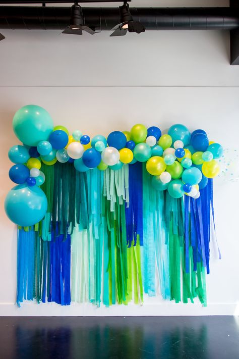 Booklet Photography, Turquoise Balloons, Gallery Party, Party Streamer, Streamer Backdrop, 5th Birthday Party, Paper Party Decorations, Amy Tangerine, Party Streamers