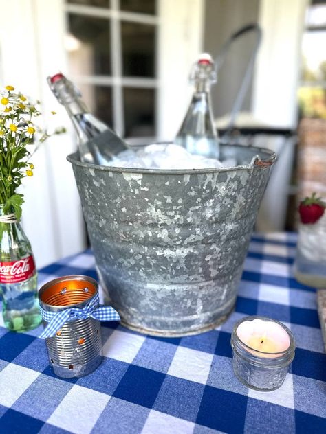 How To Decorate a Red White and Blue Table for a BBQ Party Bbq Table Decor, Outdoor Bbq Table, Bbq Decor, Cookout Party, Canned Fruits, Bbq Table, Backyard Parties, Dinner Club, Backyard Cookout