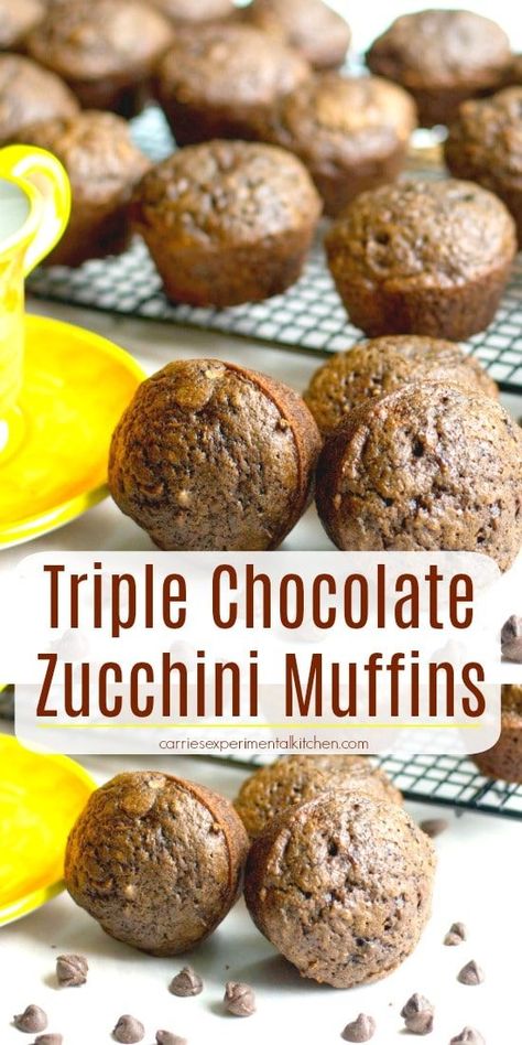 Triple Chocolate Zucchini Muffins made with cocoa powder, semi sweet and dark chocolate are so chocolatey, you won't be able to eat just one. #muffins #dessert #breakfast #zucchini via @CarriesExpKtchn Double Chocolate Zucchini Muffins, Zucchini Chocolate, Zucchini Chocolate Chip Muffins, Zucchini Muffin Recipes, Veggie Muffins, Chocolate Zucchini Muffins, Zucchini Muffins, Chocolate Zucchini, Muffin Recipe