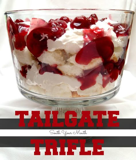 Tailgate Trifle - Cherry Cheesecake Trifle Dessert With Cherry Pie Filling, Cherry Cheesecake Trifle, Trifle Bowl Recipes, Trifle Dessert Recipes, Cheesecake Trifle, Dessert Parfait, Trifle Desserts, Cherry Desserts, Trifle Recipe