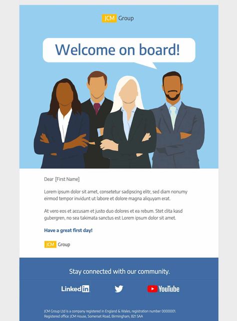 business email template for team onboarding with "welcome on board" message Onboarding Template, Email Template Mailchimp, Mail Chimp Templates, Email Marketing Templates, Html Email Templates, Welcome On Board, Business Newsletter, Email Marketing Template, Brand Communication