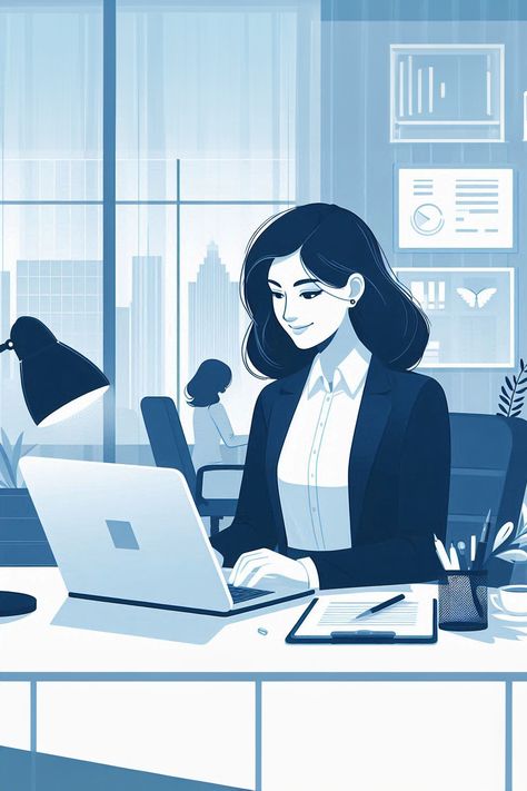 Art illustration of a business woman working in an office in blue tones  #illustration #illustrationwomanworking #illustrationoffice Business Woman Office Working, Person At Desk, Woman On Laptop, Laptop Drawing, Working In An Office, A Business Woman, Computer Drawing, Woman Office, Office Wallpaper