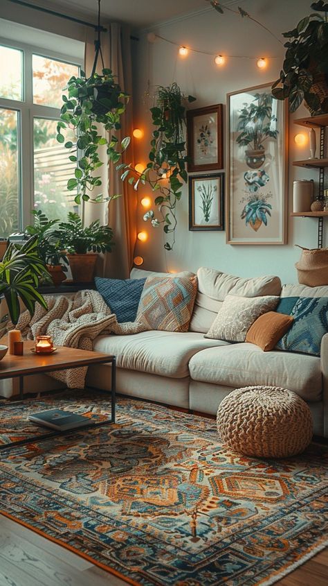 Natural Boho Interior, House Decor Plants Bohemian, Rugs Mix And Match, Maximalist Decor Small Spaces Living Room, Navy And Terracotta Living Rooms, Natural Boho Living Room, Nature Home Aesthetic, Cozy Studio Apartment Ideas, Bohemian Modern Living Room